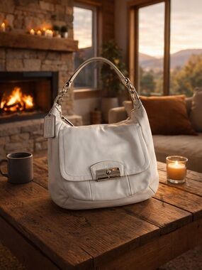 Coach Kristen Hobo Ivory  Leather Shoulder Hobo with Silver-Tone Clasp